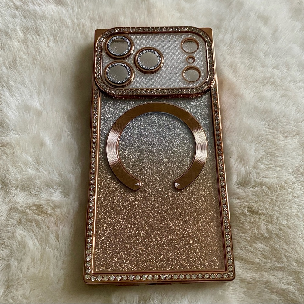 Cell Phone Case iPhone 17 Pro Ombré Rose Gold Glitter Rhinestone Bling